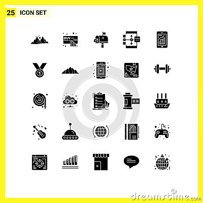 User Interface Pack of 25 Basic Solid Glyphs of flowchart, develop, online, coding, postoffice Vector Illustration
