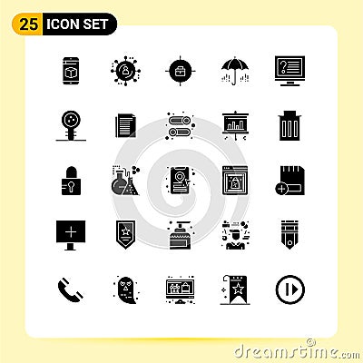 25 Universal Solid Glyphs Set for Web and Mobile Applications info, contact, bag, computer, weather Vector Illustration