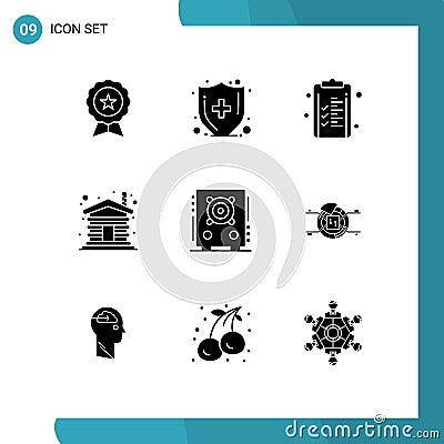 9 Universal Solid Glyphs Set for Web and Mobile Applications loudspeaker, home, business, wooden, house Vector Illustration