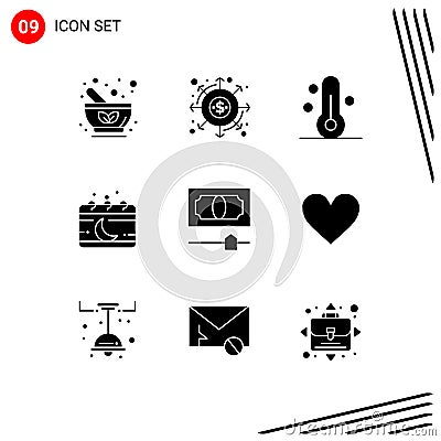9 Universal Solid Glyphs Set for Web and Mobile Applications month, chinese, money, calendar, thermometer Vector Illustration