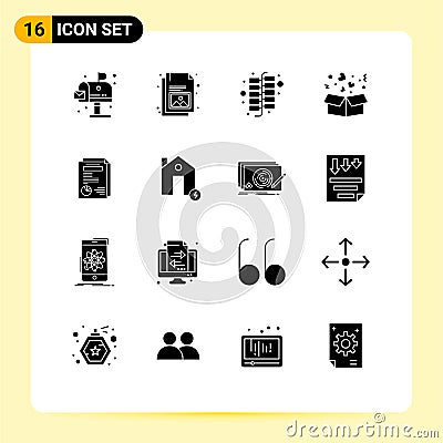 16 Universal Solid Glyphs Set for Web and Mobile Applications report, page, china, love, delivery Vector Illustration