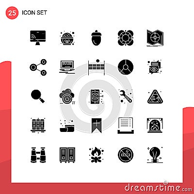 25 Universal Solid Glyphs Set for Web and Mobile Applications support, lifeguard, acorn, help, green Vector Illustration