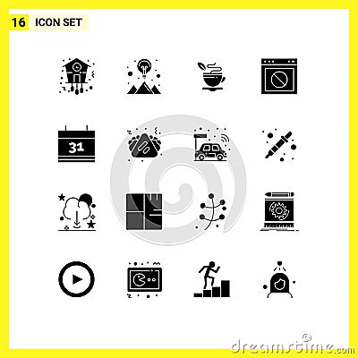 16 Universal Solid Glyphs Set for Web and Mobile Applications website, warning, strategy solution, stop, coffee Vector Illustration