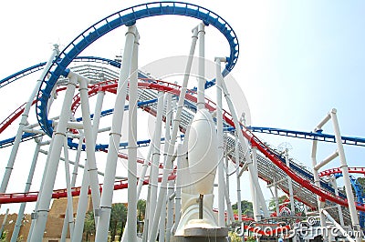 Universal Studios Singapore Battlestar Galactica roller coaster metal rail tracks in Sentosa, Singapore Editorial Stock Photo