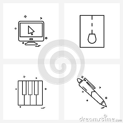 Universal Symbols of 4 Modern Line Icons of monitor, music, pointer, file, media Vector Illustration