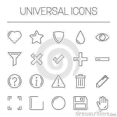 Universal symbols set - basic icons. Simple thin line vector icon set Vector Illustration