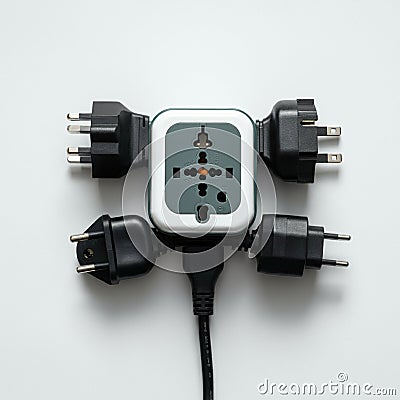 Universal travel adapter with multiple socket types is connected to various Stock Photo