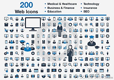 200 Universal Web Icons including Medical and Healthcare, Business, Finance, Insurance, Technology, Education, SEO Sign. Vector Illustration