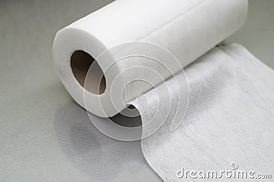 Universal white fabric napkins for cleaning in a roll. Bobbin with napkins for dispenser. Selective focus Stock Photo