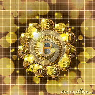 Universe cryptocurrency gold set types icons Vector Illustration