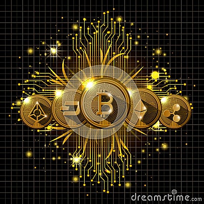 Universe cryptocurrency gold set types icons Vector Illustration