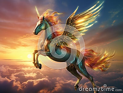 A universe electric colored unicorn, gold - colored equipment on the unicorn, majestic unicorn with wings flying through the cloud Stock Photo