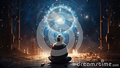 Universe energy spirituality yoga meditating fantasy lotus zen galaxy fitness star space silhouette Stock Photo