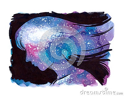 Universe galaxy watercolor painting inside woman head and soul Cartoon Illustration