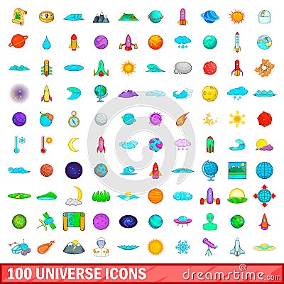 100 universe icons set, cartoon style Vector Illustration