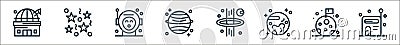 universe line icons. linear set. quality vector line set such as space colony, moon landing, pluto, black hole, neptune, astronaut Vector Illustration