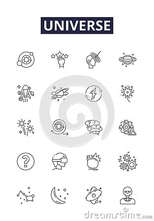 Universe line vector icons and signs. Galaxies, Planets, Space, Nebulae, Stars, Expanse, Astronomy, Gravity outline Vector Illustration