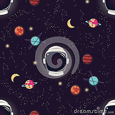 Universe with planets, stars and astronaut helmet seamless pattern, cosmos starry night sky Vector Illustration