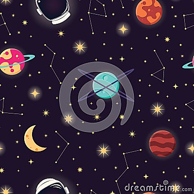 Universe with planets, stars and astronaut helmet seamless pattern, cosmos starry night sky Vector Illustration