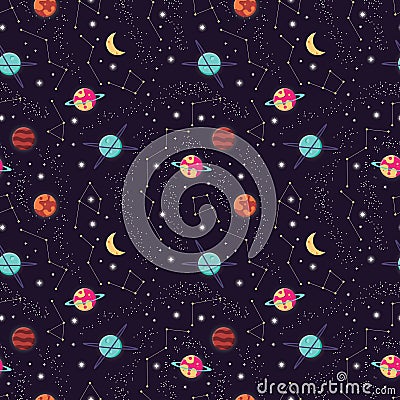 Universe with planets and stars seamless pattern, cosmos starry night sky Vector Illustration