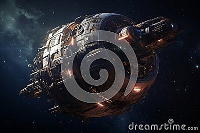 Universe scene with huge spaceship in outer space. Dark space background Stock Photo