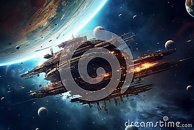 Universe scene with huge spaceship in outer space. Dark space background with many planets Stock Photo