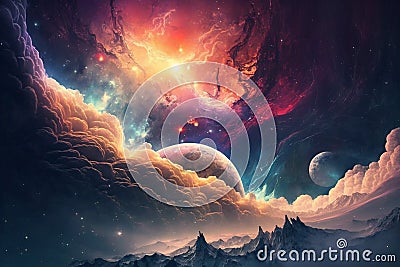 Universe scene with planets, mountains, stars and galaxies in outer space showing the beauty of space exploration. Art wallpaper. Stock Photo