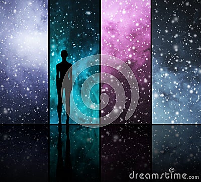 Universe, stars, planets and a human shape Stock Photo