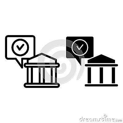 University building with check line and glyph icon. Scool with tick vector illustration isolated on white. College Vector Illustration