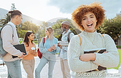 University, campus and black woman portrait with students group, learning community and education planning. Happy Stock Photo