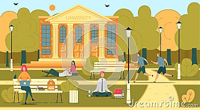 University or College Students in Campus Scene Cartoon Illustration