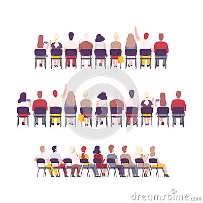 University or College Students Sitting on Chairs in Class, Back View of Young People Studying Together Flat Vector Vector Illustration