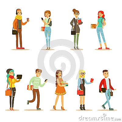 University And College Students Street Fashion Looks Set Vector Illustration