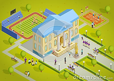 University Complex Building Isometric View Poster Vector Illustration