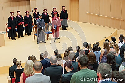 University Dean and board of officials giving speech at final diploma graduation ceremony Editorial Stock Photo