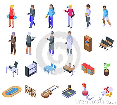 University department icons set isometric vector. Student campus Vector Illustration