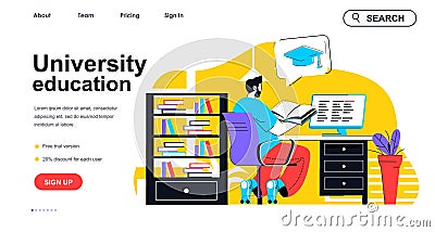 University education concept for landing page template. Man reads book, preparing for final exams. Graduation and diploma people Vector Illustration