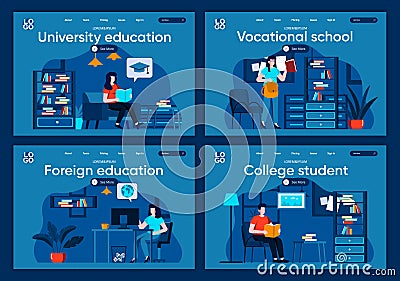 University education flat landing pages set. Distance learning, professional courses scenes for website or CMS web page Vector Illustration