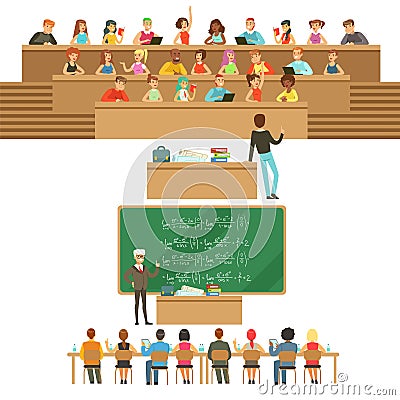 University Education, Students And Professors Collection Of Illustrations Vector Illustration