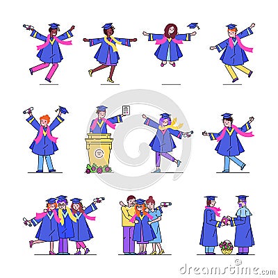 University graduation students line set collection of happy dancing graduates vector illustrations. Vector Illustration