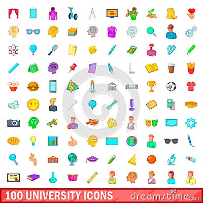 100 university icons set, cartoon style Vector Illustration