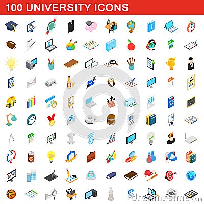100 university icons set, isometric 3d style Vector Illustration