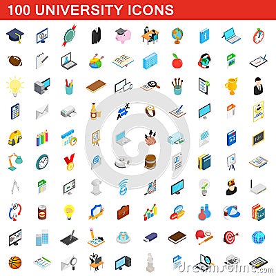 100 university icons set, isometric 3d style Cartoon Illustration