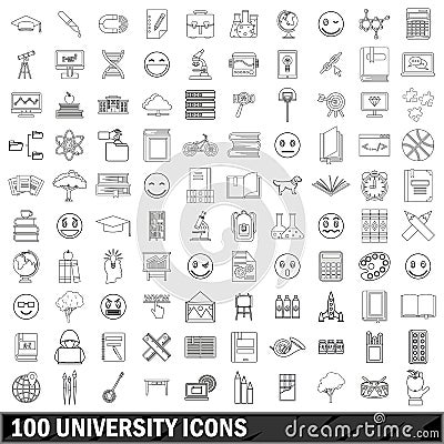 100 university icons set, outline style Vector Illustration