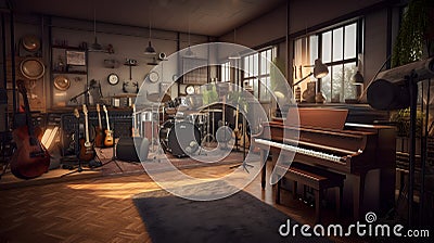 A university music studio filled with instruments and rec one created with generative AI Stock Photo