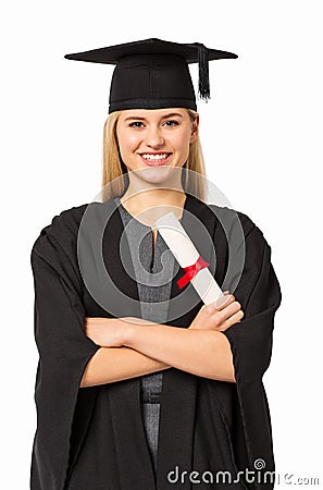 University Student In Graduation Gown Holding Certificate Stock Photo