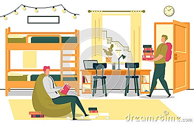 University Students Prepare for Exams in Dormitory Vector Illustration