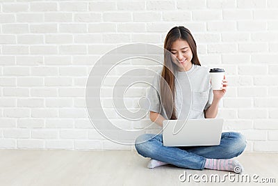 University students are smiling and using laptops , Self Study concept Stock Photo