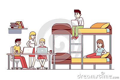 University students studying together in dorm room Vector Illustration