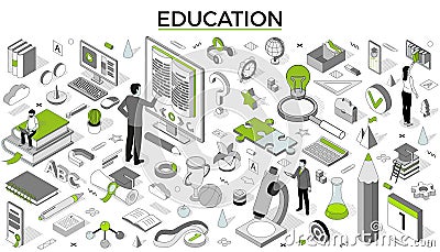 University study. Isometric students learning on training. Outline people in computer class. Knowledge service. Library Vector Illustration